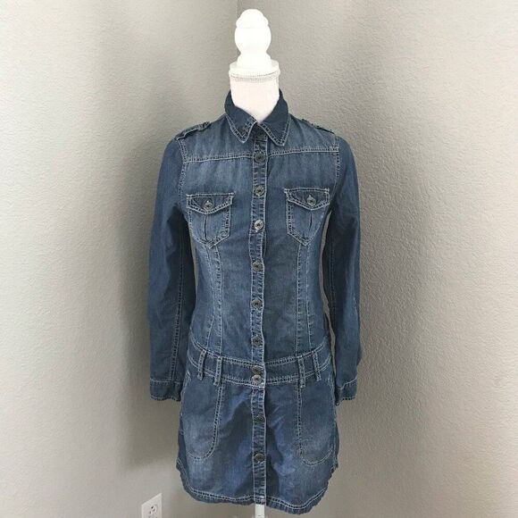 EDC Women Medium Blue Denim Long Sleeve Mini Dress - Picture 1 of 11